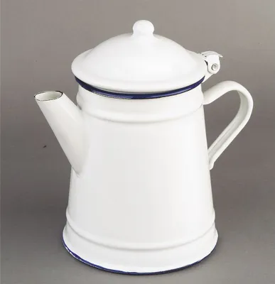 A white enamel kettle with blue trim against a gray background.