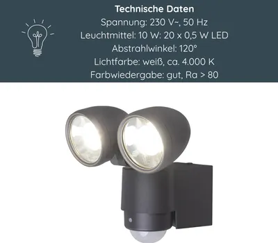 Produktbild von MeLiTec LED Außenwandleuchte mit Bewegungsmelder, 2 LED Spots, 4000K, IP44, verstellbar, Außenwandlampe, Flutlicht, Garten Terrasse & Einfahrt, 127-2