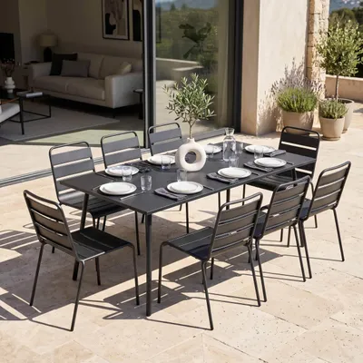 Produktbild von Gartentisch und 8 Stühle aus pulverbeschichtetem Stahl Grau - Oviala Palavas