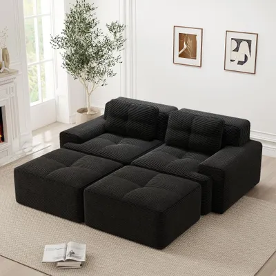 Produktbild von Modulares Cloud Sofa Schwarz, 2 Sitzer Sofa mit Tiefsitz. Bequemes Modulsofa mit Ottoman aus Cord, montagefrei und haustierfreundlich.