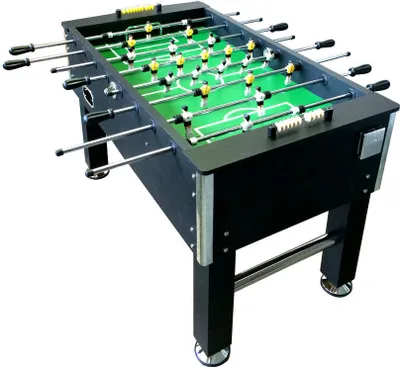 A black foosball table with green playing field and yellow and white players, shown from a diagonal angle on a white background.