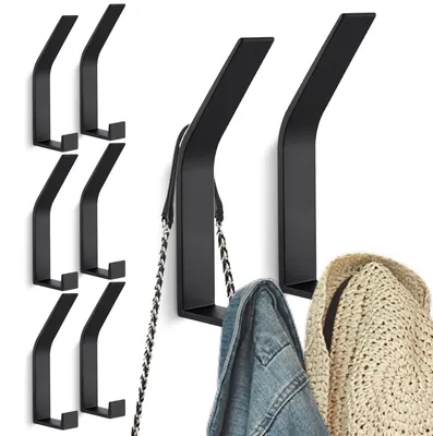 Produktbild von Set mit 8 schwarzen, wandmontierbaren Kleiderhaken, geeignet zum Bohren und Schrauben, unsichtbare Montage. Moderne Kleiderhaken für Jacken, Mäntel, Hüte, Schals, Handtücher, Handtaschen und mehr.