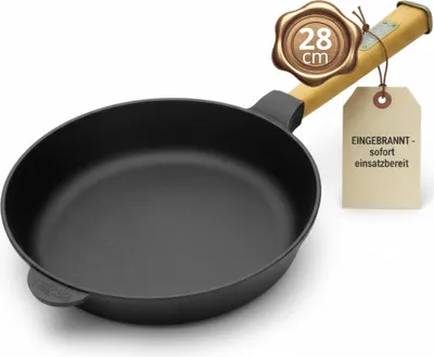 Produktbild von Gusseisenpfanne 28 cm EINGEBRANNT einsatzbereit Gußeisenpfanne Holzgriff Cast Iron Pan Pfanne Gusseisen Induktion