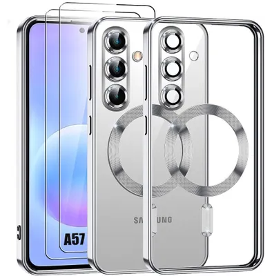 Image de Coque + 2 Verres Trempés pour Samsung Galaxy A57 5G, Protection avec Cercle Magnétique - Argenté