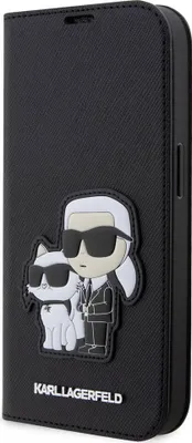 A black flip-style phone case with a Karl Lagerfeld and Choupette graphic.