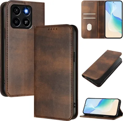Obrázek produktu pro Pouzdro pro ZTE Blade A35/A55, vintage kožené pouzdro s RFID ochranou, přihrádkami na karty, stojánkem Hnědý