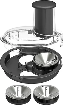 A food processor attachment set is displayed against a white background.