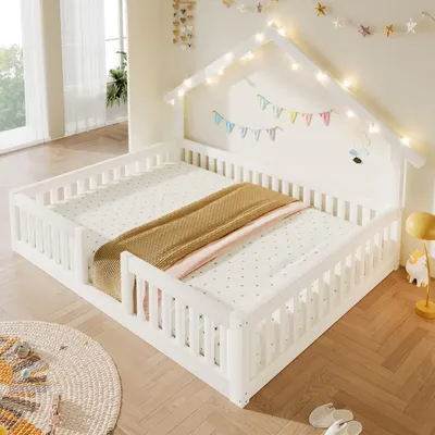 Produktbild von Flieks Kinderbett 140x200cm mit Led, Hausbett mit Dach, Bodenbett Spielbett mit Rausfallschutz, Holzbett Doppelbett ohne Lattenrost, Weiß