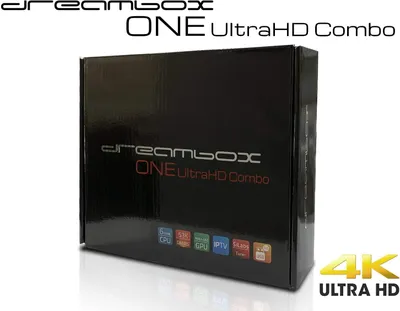 A black product box for a Dreambox One UltraHD Combo device, with the brand name and product title prominently displayed.