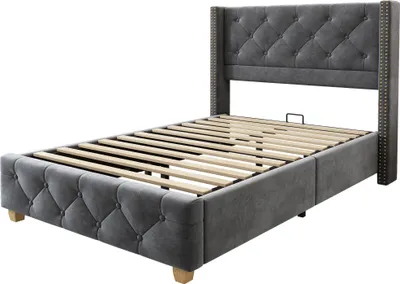 Produktbild von MODFU Polsterbett 90×200 mit Lattenrost und Kopfteil,Jugendbett Bettrahmen mit Holzbeine,Einzelbett Samt,ohne Matratze,Grau