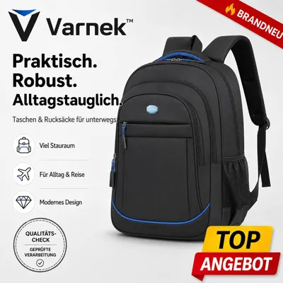 Produktbild von Varnek™ Explorer Rucksack Schwarz Blau, praktische Tasche für Alltag, Reise, Schule & Freizeit