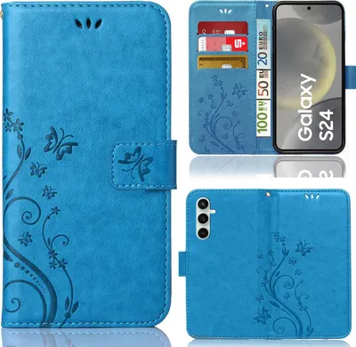 A collage of images showing a blue flip phone case with a floral and butterfly design, featuring card slots and a stand function. One image shows the phone inside the case, displaying the screen with 'Galaxy S24' text.