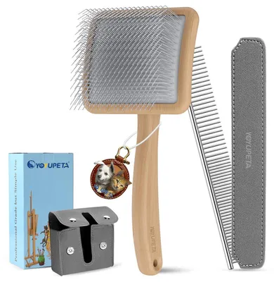 Image de Kit brosse et peigne pour chiens et chats à poil long – Brosse avec des picots en acier inoxydable de 25 mm, manche en bois, étui en cuir