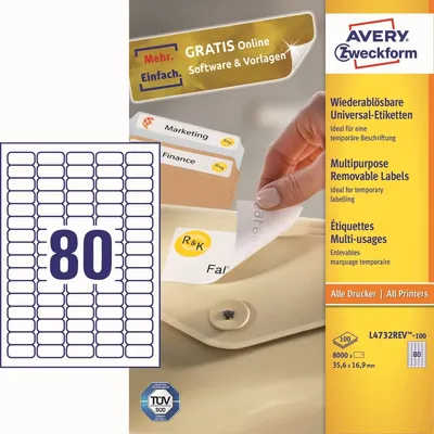 Produktbild von Universal-Etiketten 35,6x16,9 mm 100 Blatt/8000 Etiketten weiß Packung mit 5 Stück