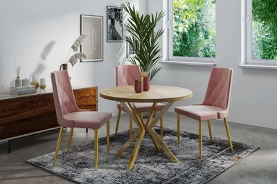 Produktbild von Runder Ausziehbarer Esstisch mit Goldenen X-Gestell Beinen - ⌀ 100-180 cm - Loft Industriell Design - für 4-6 Personen - Braun