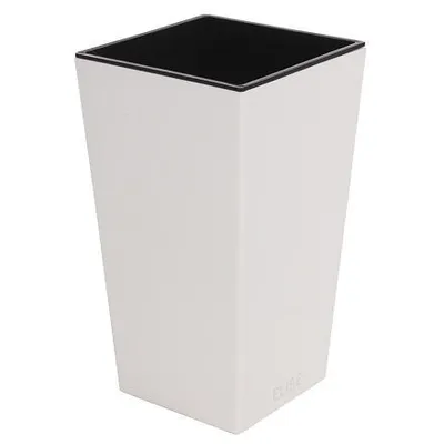A white decorative planter with a black interior.