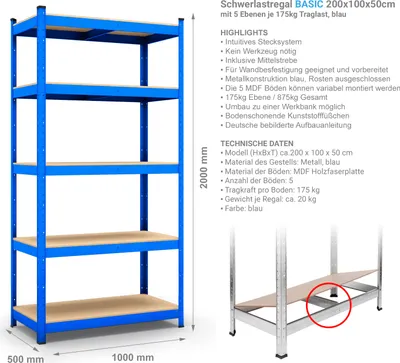 A blue metal shelving unit with wooden shelves, shown in a studio setting with descriptive text and dimensions.