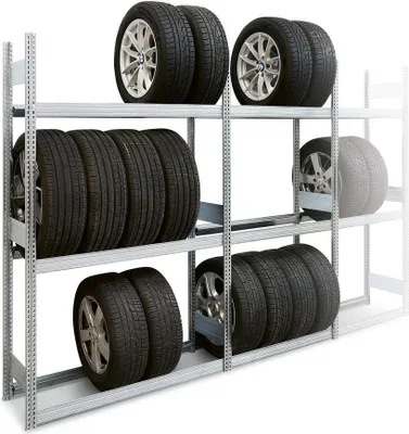 Produktbild von Räderregal GRIP Stecksystem | Reifen inkl. Felgen | Extra-Tall | HxBxT 250x101x40cm | 4 Ebenen | Fachlast 250kg | Verzinkt