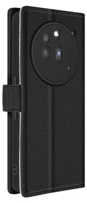 A black leather wallet case for a smartphone, shown from the back with the camera module visible.