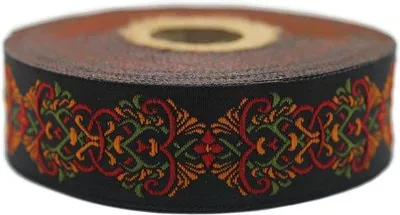 Productafbeelding van Jacquard lint 10 meter 25 mm - rood oranje - Scandinavisch patroon - ideaal voor handwerk - m-winkel