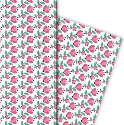 Produktbild von Schönes Streifen Geschenkpapier mit Blumen, rosa - G8090, 32 x 48cm