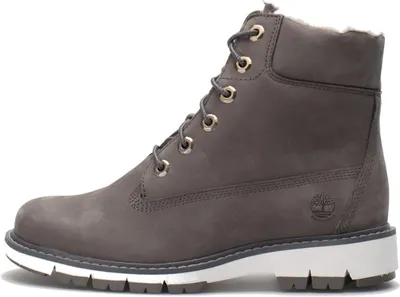 Side view of a gray Timberland boot with white sole and gold eyelets.