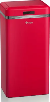 A red retro-style trash can with silver accents and a digital display on top.