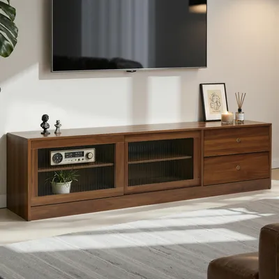 Produktbild von TV-Schrank mit Glasschiebetüren und zwei Schubladen, MDF, B160 x T40 x H45 cm