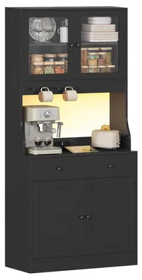 Image de Armoire de cuisine avec plan de travail, buffet avec éclairage LED, prise électrique, en verre, de couleur noire, dimensions 80x40x180 cm