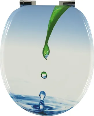 A toilet seat with a printed design of water drops and a green leaf.