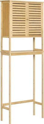 Image de kleankin Étagère de toilettes meuble de salle de bain dessus toilette WC avec placard 2 portes et étagère ouverte 60 x 23 x 173 cm bambou