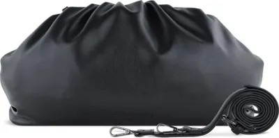 A black clutch bag with a detachable strap is shown against a white background.