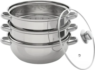 A stack of stainless steel pots with a glass lid.