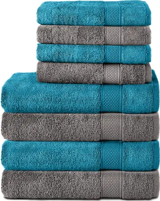 Produktbild von Komfortec 8er Handtuch Set aus 100% Baumwolle, 4 Badetücher 70x140 und 4 Handtücher 50x100 cm, Frottee, Weich, Towel, Groß, Anthrazit Grau/Türkis