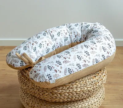 Produktbild von 190 cm L/XL Kissen Seitenschläferkissen Schwangerschaftskissen Stillkissen Bezug TAUPE Waffelpique/ BRAUN Baumwolle Blumen Relaxkissen Schlafen LOOLAY