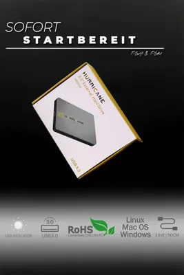 A product box for an external hard drive is shown at an angle against a black background. The bottom of the image displays icons and text related to product features.