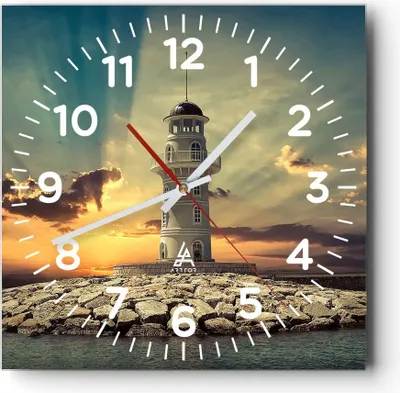 Produktbild von Wanduhr - Quadrat - Glasuhr - Leuchtturm Wasser Meer Steine - 40x40cm - Schleichendes Uhrwerk - Lautlos - zum Aufhängen bereit - Dekoration Modern - Wanddekoration aus Glas - C4AC40x40-2895