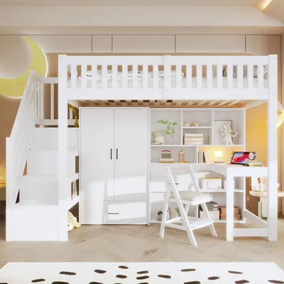 Produktbild von Flieks Etagenbett 90x200cm mit Kleiderschrank, Kinder Hochbett mit Regal und Schreibtisch, Kinderbett mit Stauraumtreppe, Stockbett Einzelbett Weiß