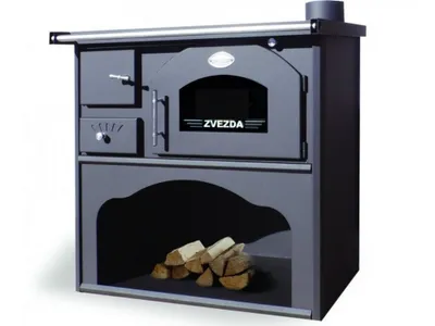 A gray wood-burning stove with a glass-fronted oven and a storage compartment for firewood at the bottom.