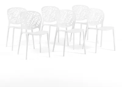 Image de Lot de 6 chaises empilables pour l'intérieur et l'extérieur, en polypropylène renforcé de fibre de verre, dossier à motif de feuilles, pour le jardin, la terrasse, le bar ou le restaurant - Licia Blanc