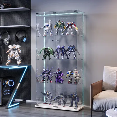 Produktbild von UnboxG Glasvitrine Standvitrine 4 Lagen Vitrinenschrank Modern Glas Vitrine Mit Schloss Und 2 Türen, LED Licht, Glasvitrine Sammlerstücke Vitrine Glasvitrine Für Bücher Wein