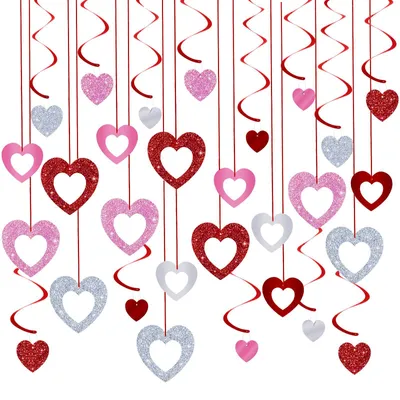 48er Set Valentinstag Herz-Deko Hängedekoration Rot Rosa Silber