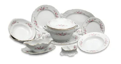Image de Service de table, porcelaine de Carlsbad, Thun, Bernadotte, rose, ligne or, 25 pièces