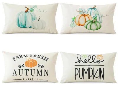 Immagine prodotto di Cuscini decorativi a tema autunnale, set di 4 pezzi, 30x50 cm, in cotone e lino, con motivo zucca