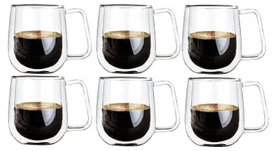 Imagen del producto de Vasos para té de 320 ml - Vasos de doble pared - 6 unidades - Fabricados en vidrio de borosilicato - Vasos para té con asa - Ligeros y resistentes al calor - También aptos para café