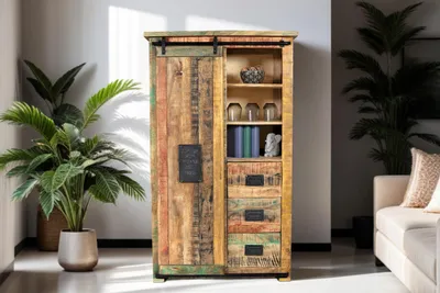 Produktbild von Highboard Libro, Mangoholz massiv + bunt, Hochschrank mit Holzschiebetür, je 4 Schubladen & 5 offenen Fächern, Türelemente, Griffe & Reling aus Eisen, 90 x 150 x 45 cm, Shabby Chic
