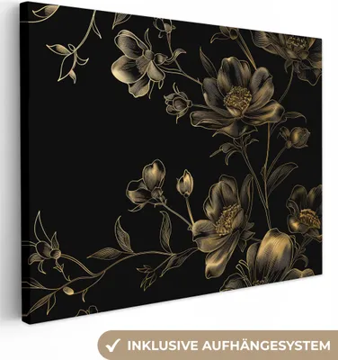 Produktbild von MuchoWow® - Leinwandbilder - Blumen - Schwarz - Gold - Strichzeichnung, Wandbild, Wanddeko Bilder Wohnzimmer, 40x30 cm