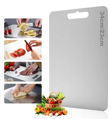 Image de Planche à découper en titane, fabriquée en acier inoxydable S316, sans BPA, réversible et adaptée à un usage alimentaire, pour la viande, le pain, les légumes et les fruits.