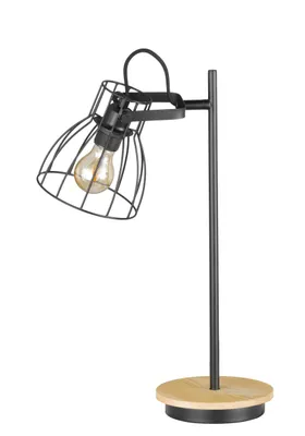 Produktbild von Schwenkbare Vintage Tischlampe, Gitterlampe Lampenschirm schwarz, Fuß Holz natur