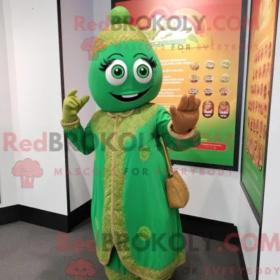 Image de Personnage mascotte REDBROKOLY d un Biryani vert habillé d une robe droite et d un porte-monnaie
